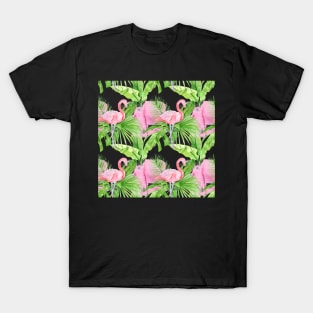 Tropical Pattern Flamingos, Plants, and Petals T-Shirt